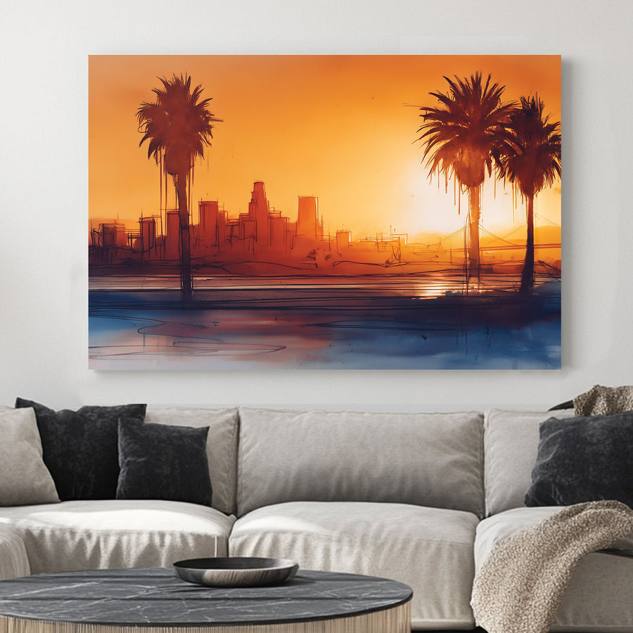 sunset cityscape los angeles wall art with palm trees and sketchy skyline