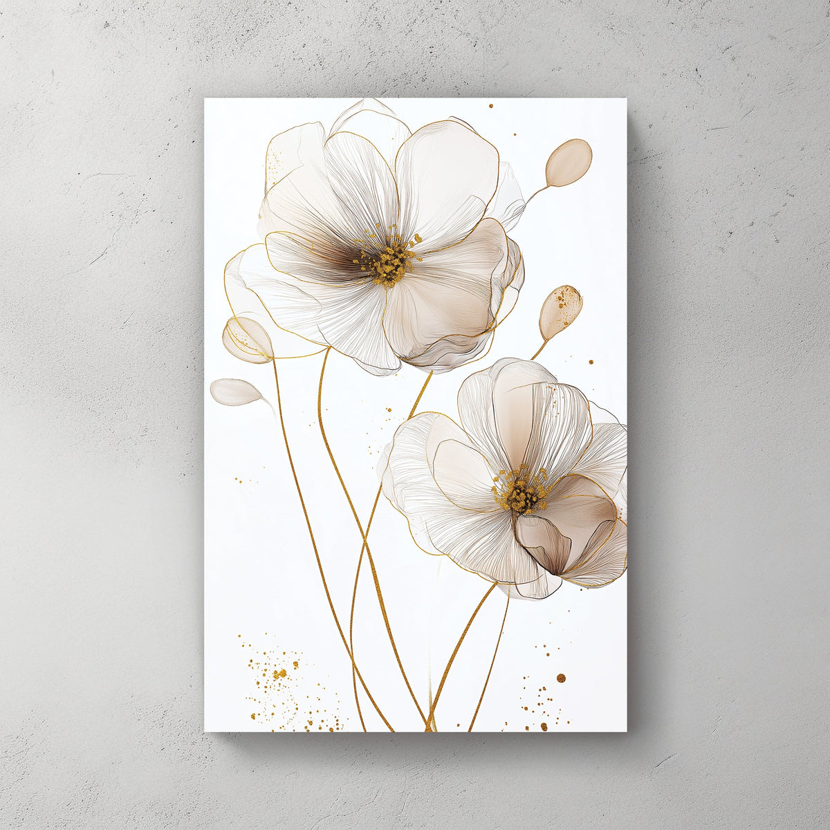 delicate floral line art wall art with gold and cream tones