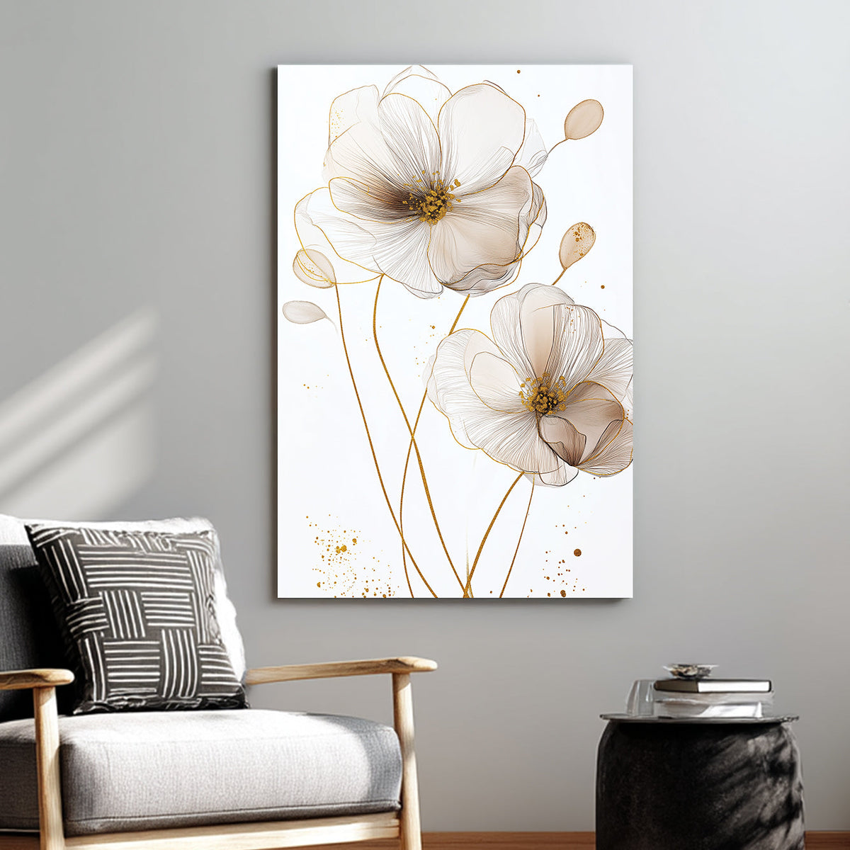 delicate floral line art wall art with gold and cream tones
