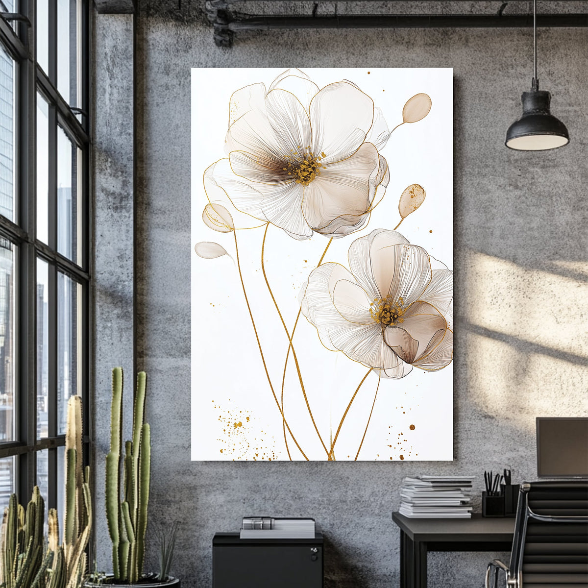 delicate floral line art wall art with gold and cream tones