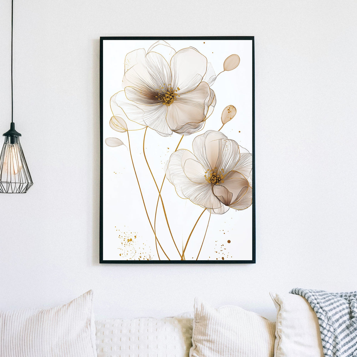 delicate floral line art wall art with gold and cream tones
