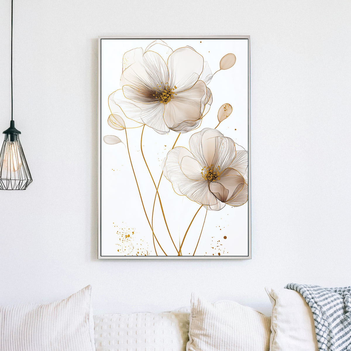 delicate floral line art wall art with gold and cream tones