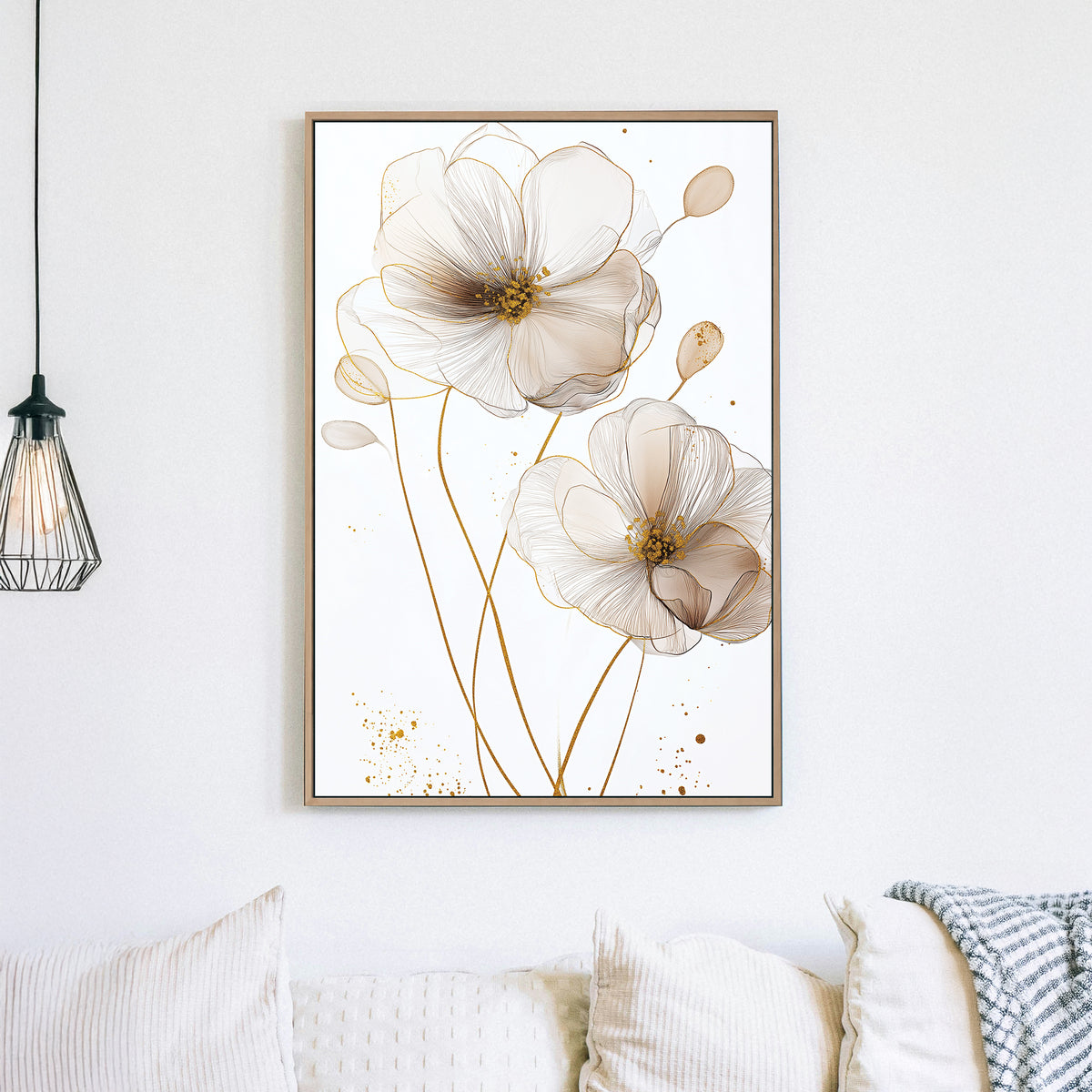 delicate floral line art wall art with gold and cream tones