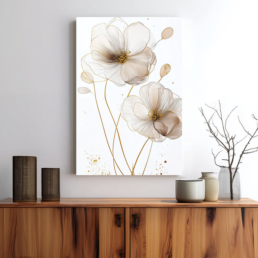 delicate floral line art wall art with gold and cream tones