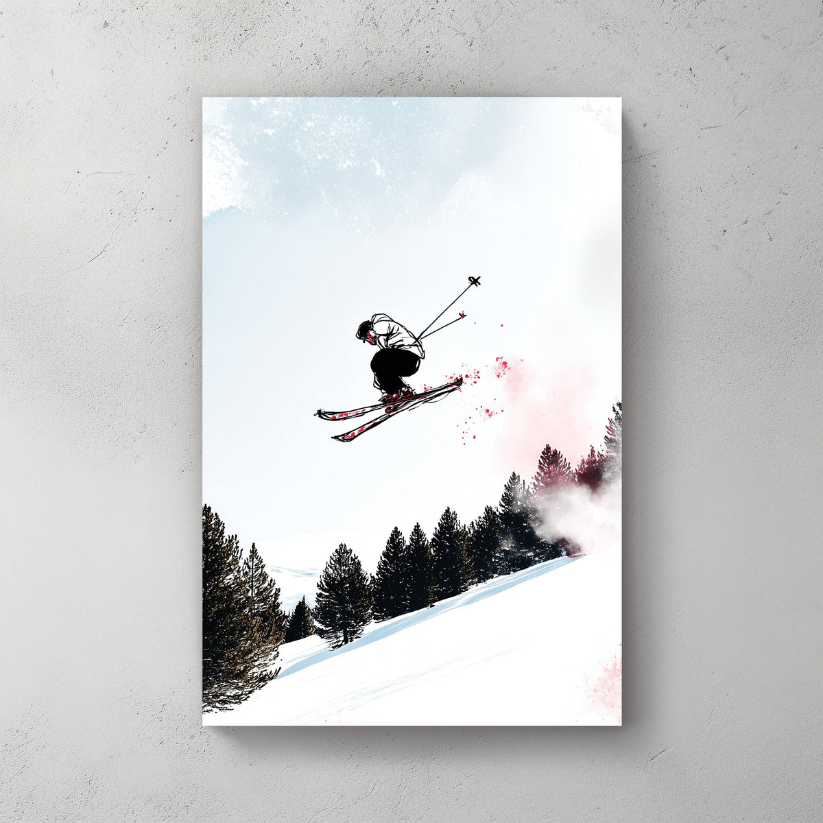 wall art of skier mid-air with snowy forest backdrop in sketch and splash art style