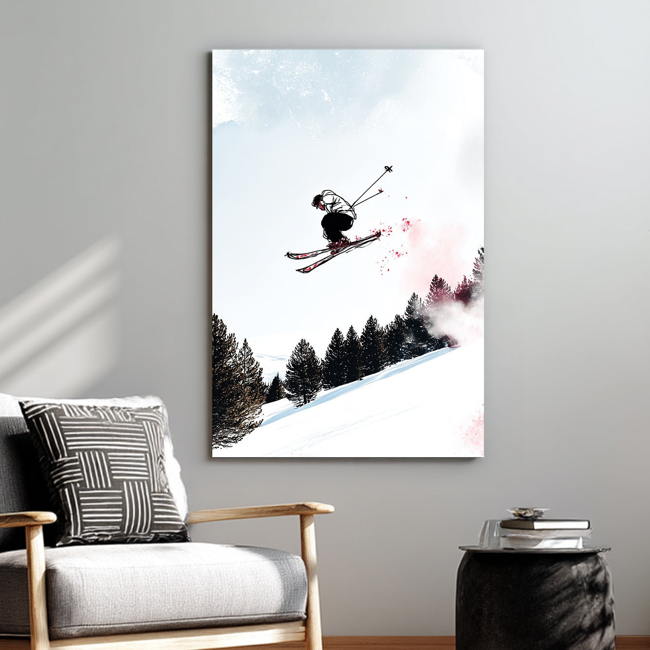 wall art of skier mid-air with snowy forest backdrop in sketch and splash art style