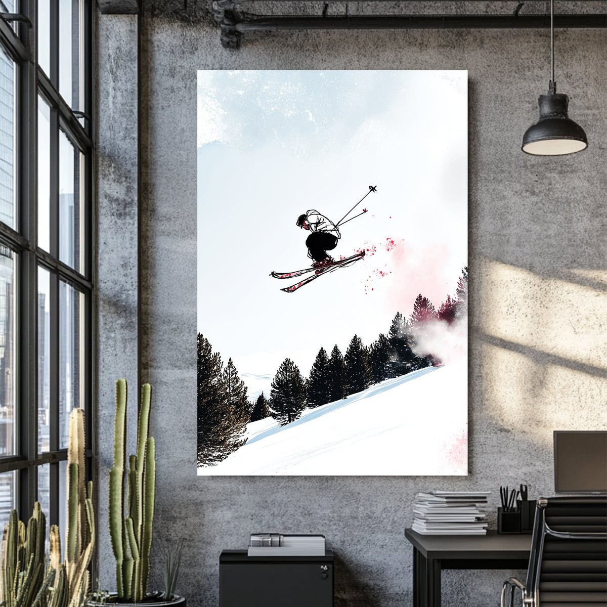 wall art of skier mid-air with snowy forest backdrop in sketch and splash art style