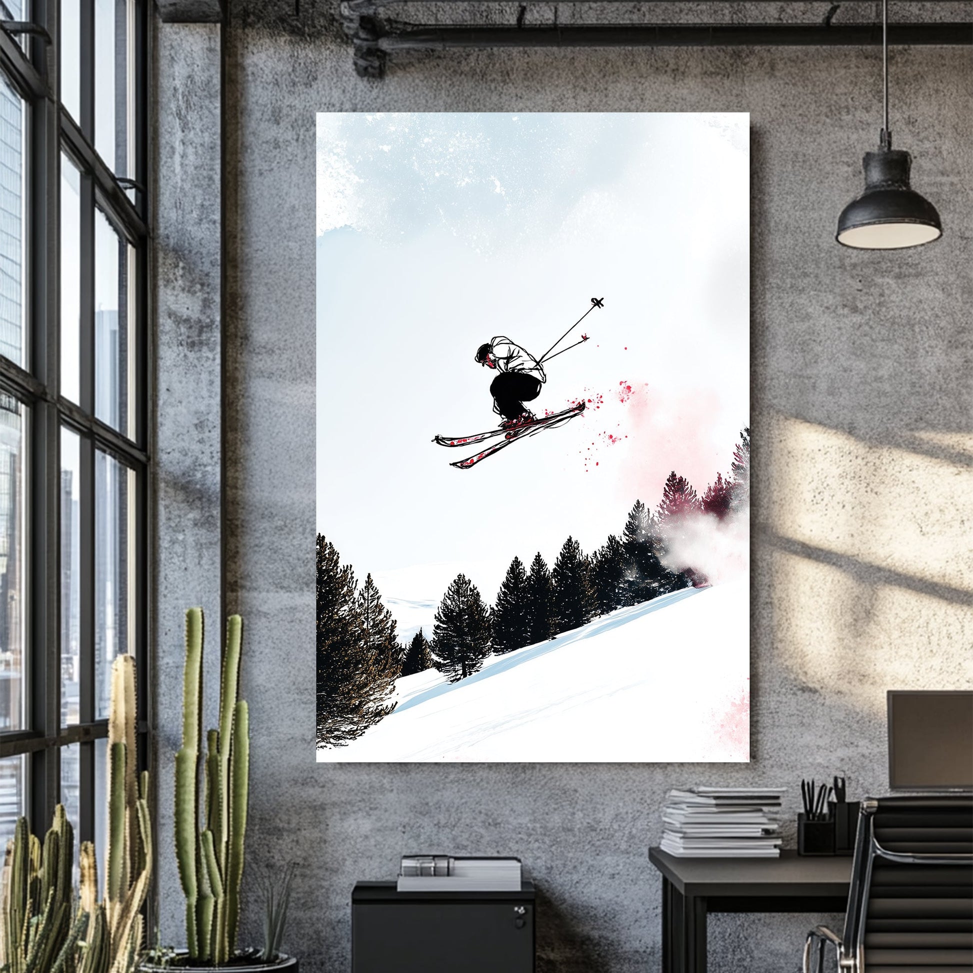 wall art of skier mid-air with snowy forest backdrop in sketch and splash art style