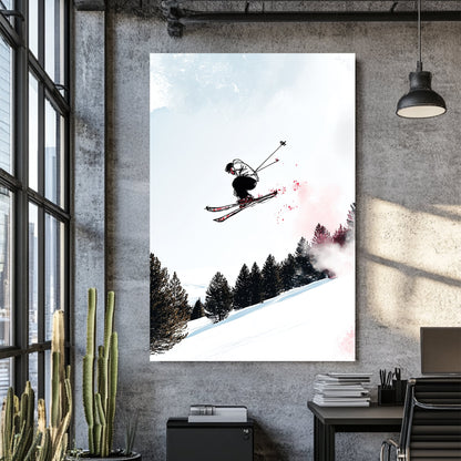 wall art of skier mid-air with snowy forest backdrop in sketch and splash art style