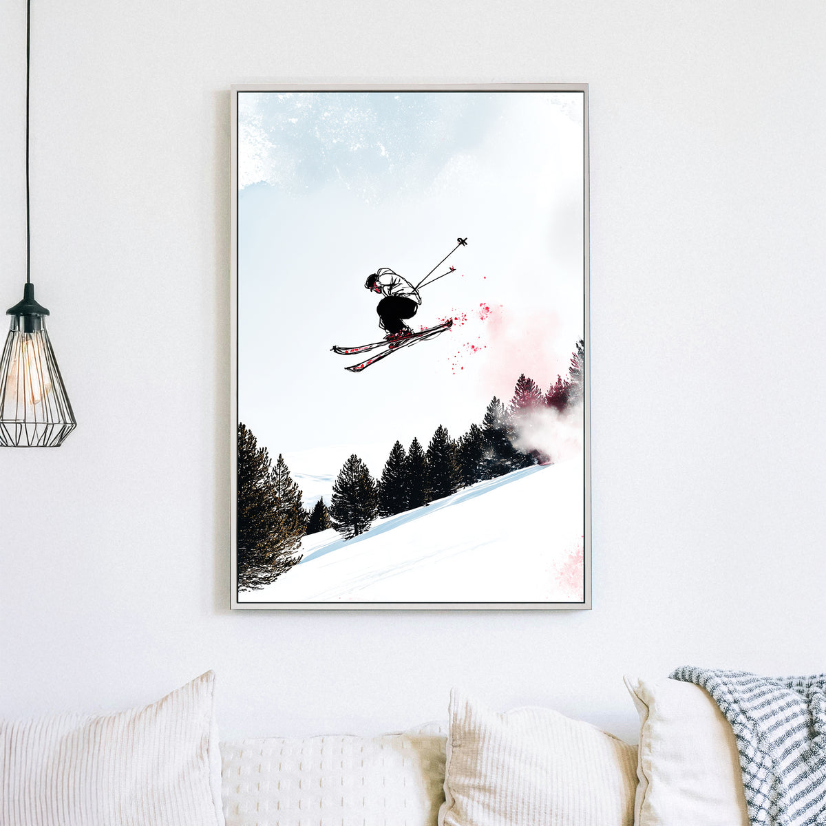 wall art of skier mid-air with snowy forest backdrop in sketch and splash art style