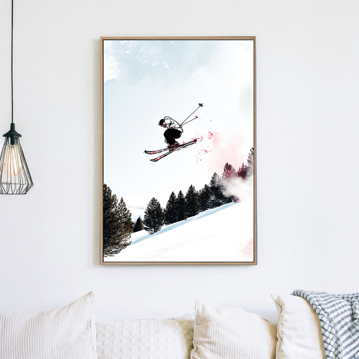 wall art of skier mid-air with snowy forest backdrop in sketch and splash art style