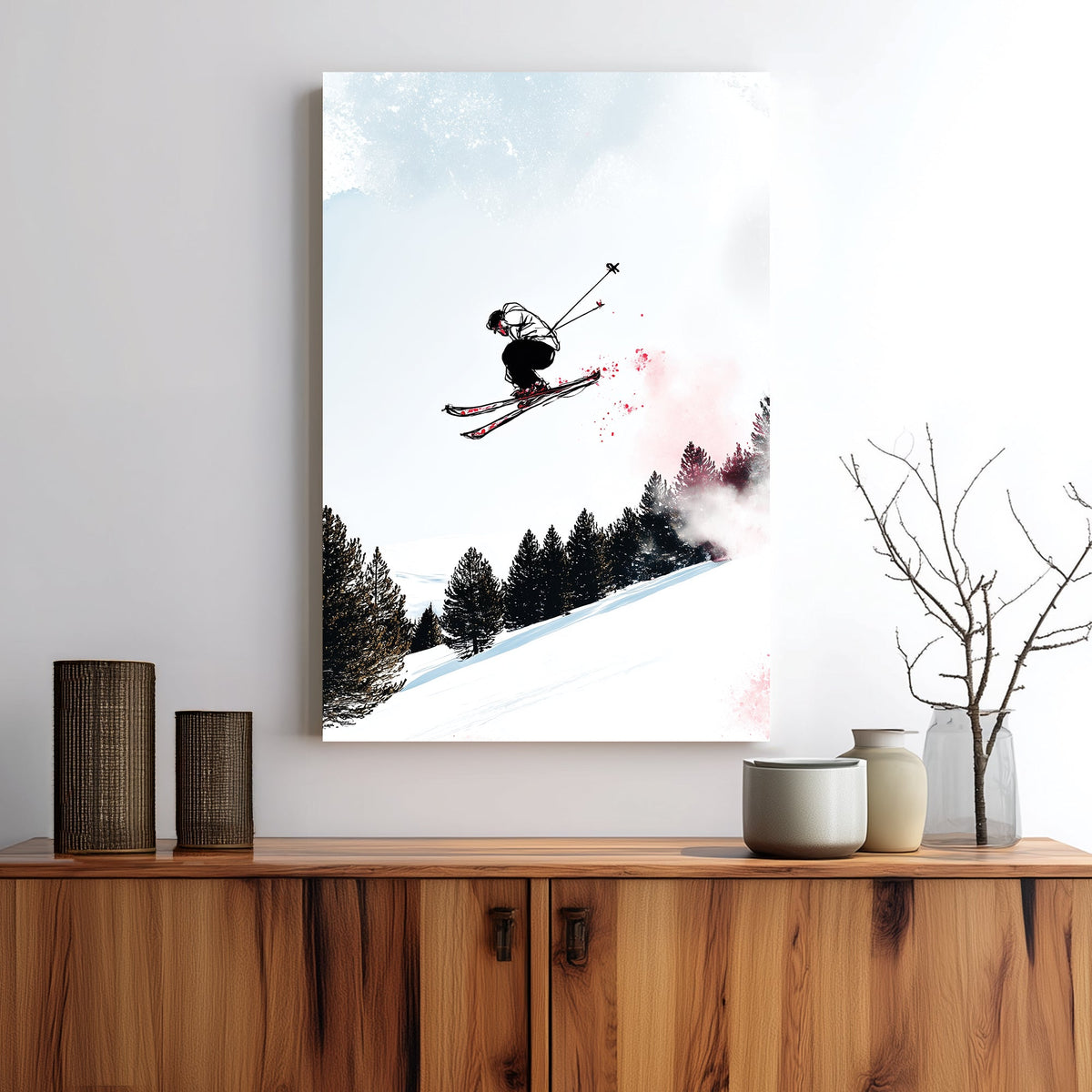 wall art of skier mid-air with snowy forest backdrop in sketch and splash art style