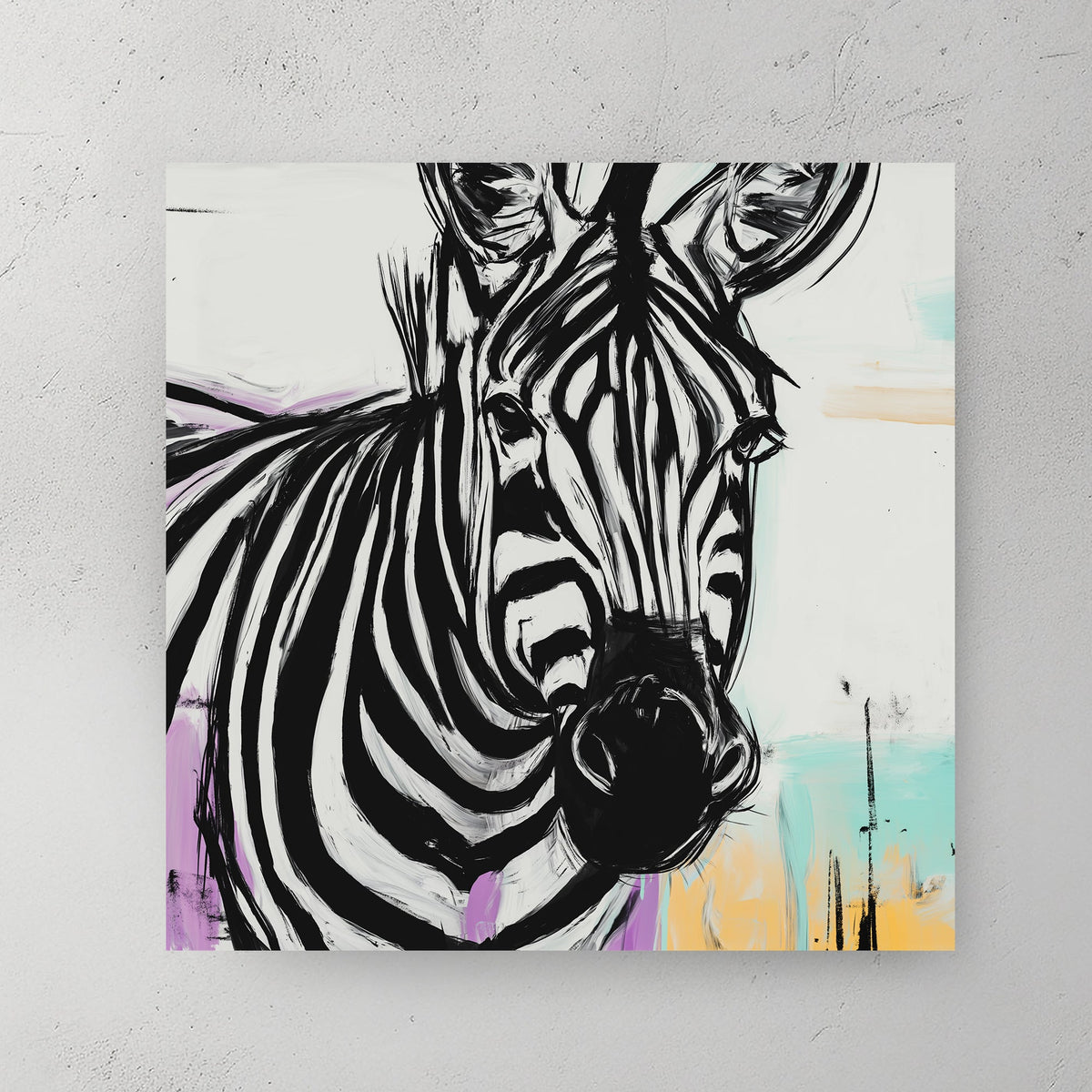 close-up zebra face with bold black stripes and pastel colour accents in abstract style wall art