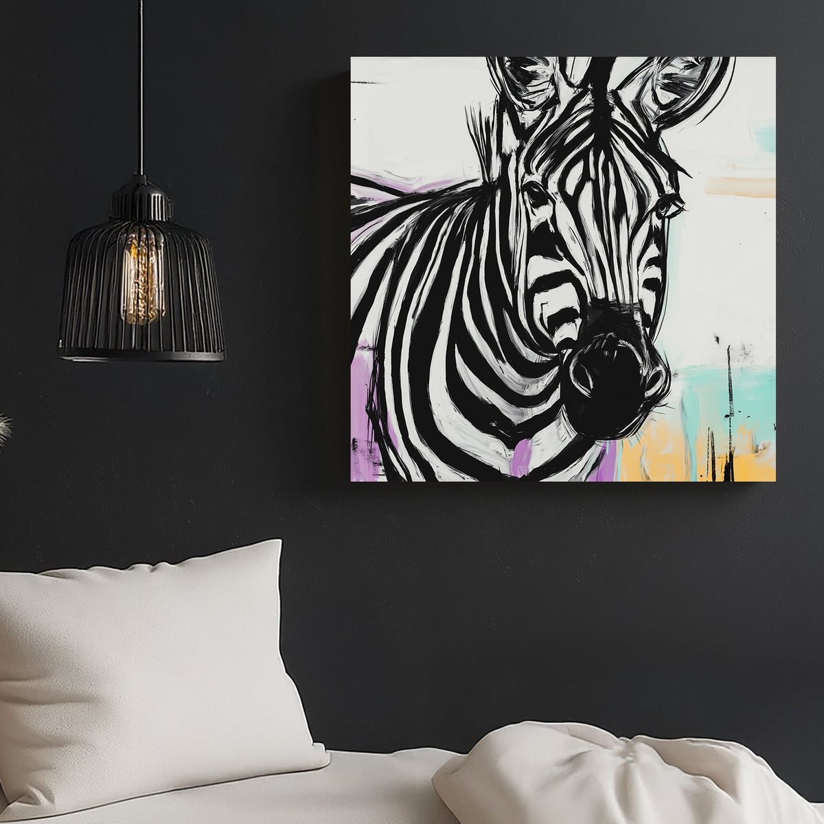 close-up zebra face with bold black stripes and pastel colour accents in abstract style wall art