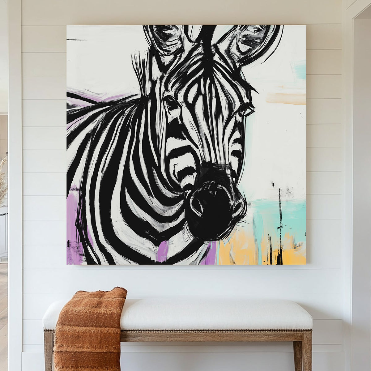 close-up zebra face with bold black stripes and pastel colour accents in abstract style wall art