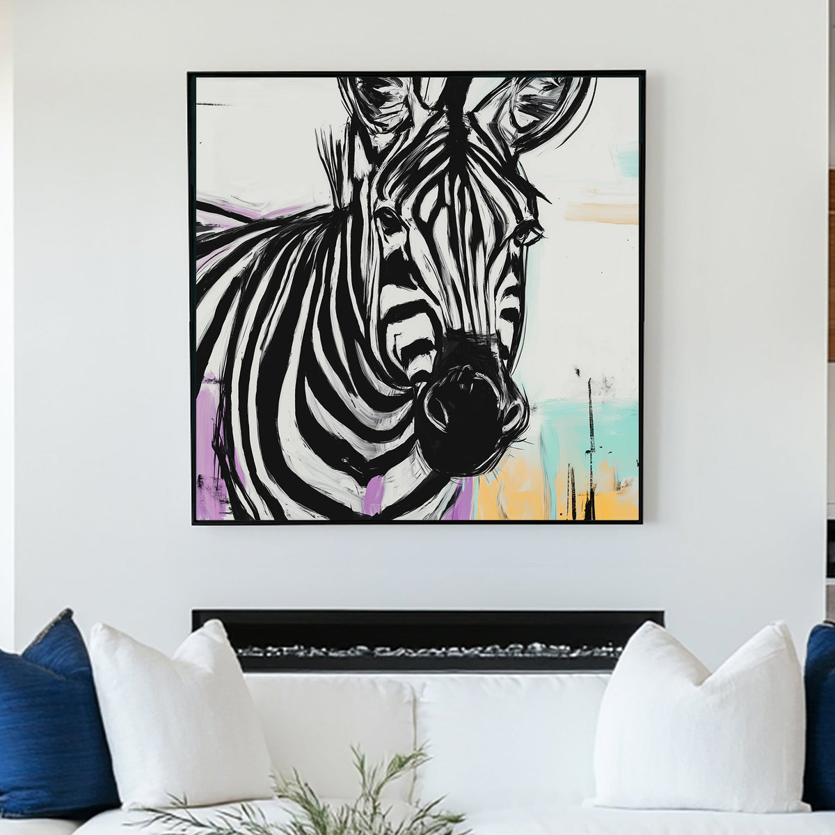 close-up zebra face with bold black stripes and pastel colour accents in abstract style wall art