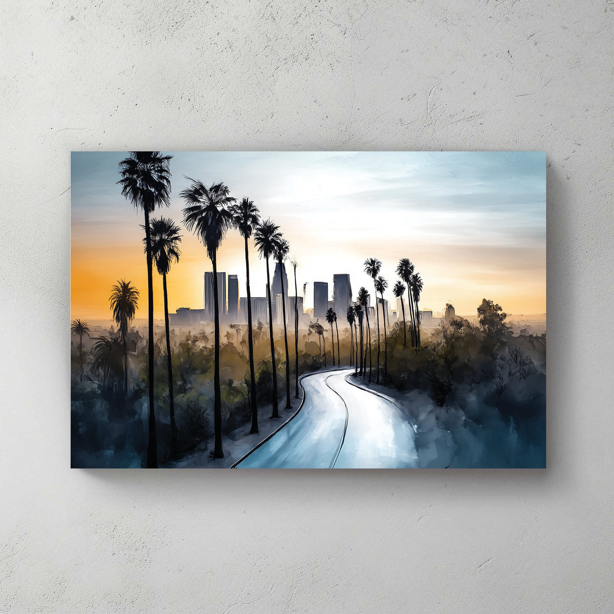 artistic wall art of los angeles skyline with palm trees and winding road at sunrise