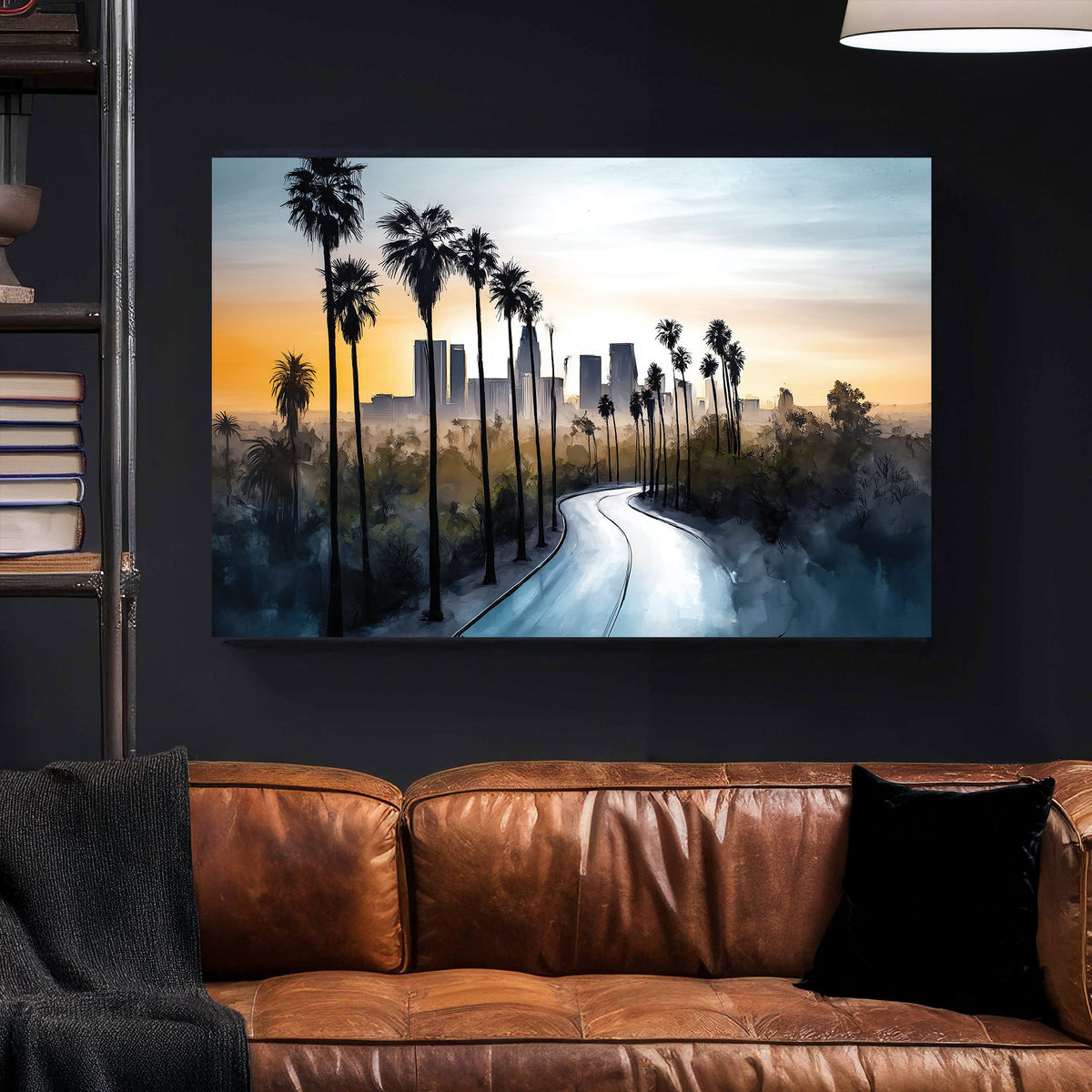 artistic wall art of los angeles skyline with palm trees and winding road at sunrise