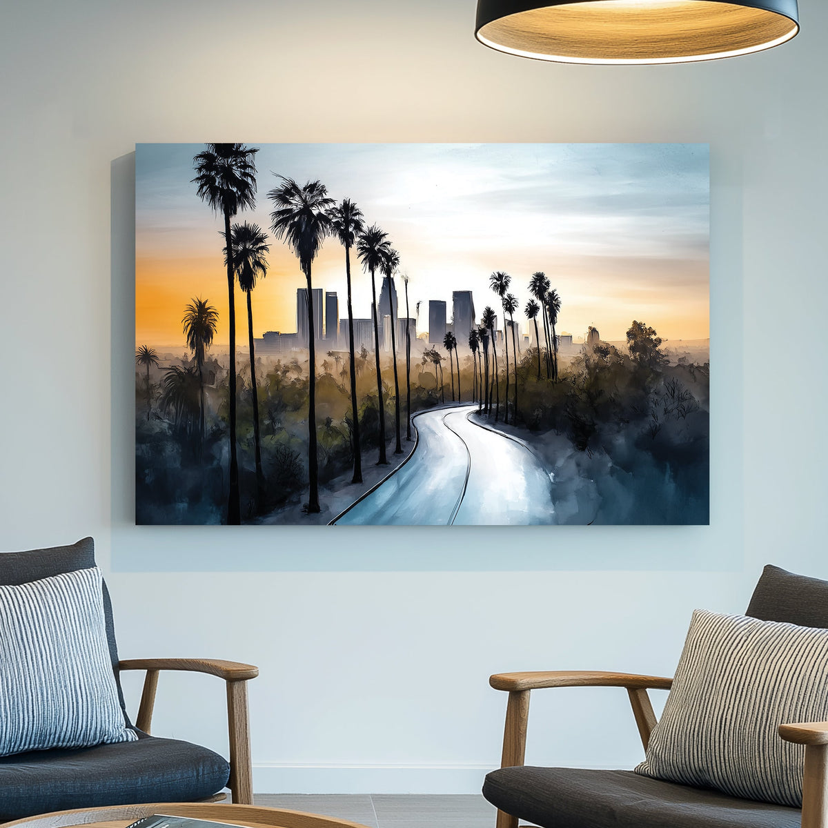 artistic wall art of los angeles skyline with palm trees and winding road at sunrise