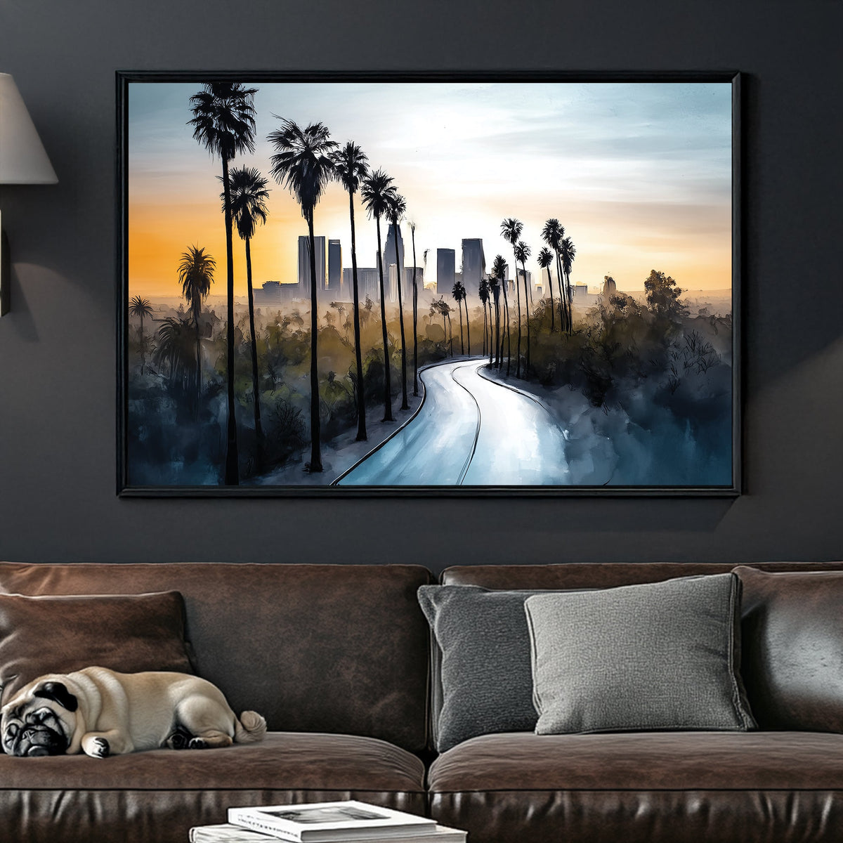 artistic wall art of los angeles skyline with palm trees and winding road at sunrise