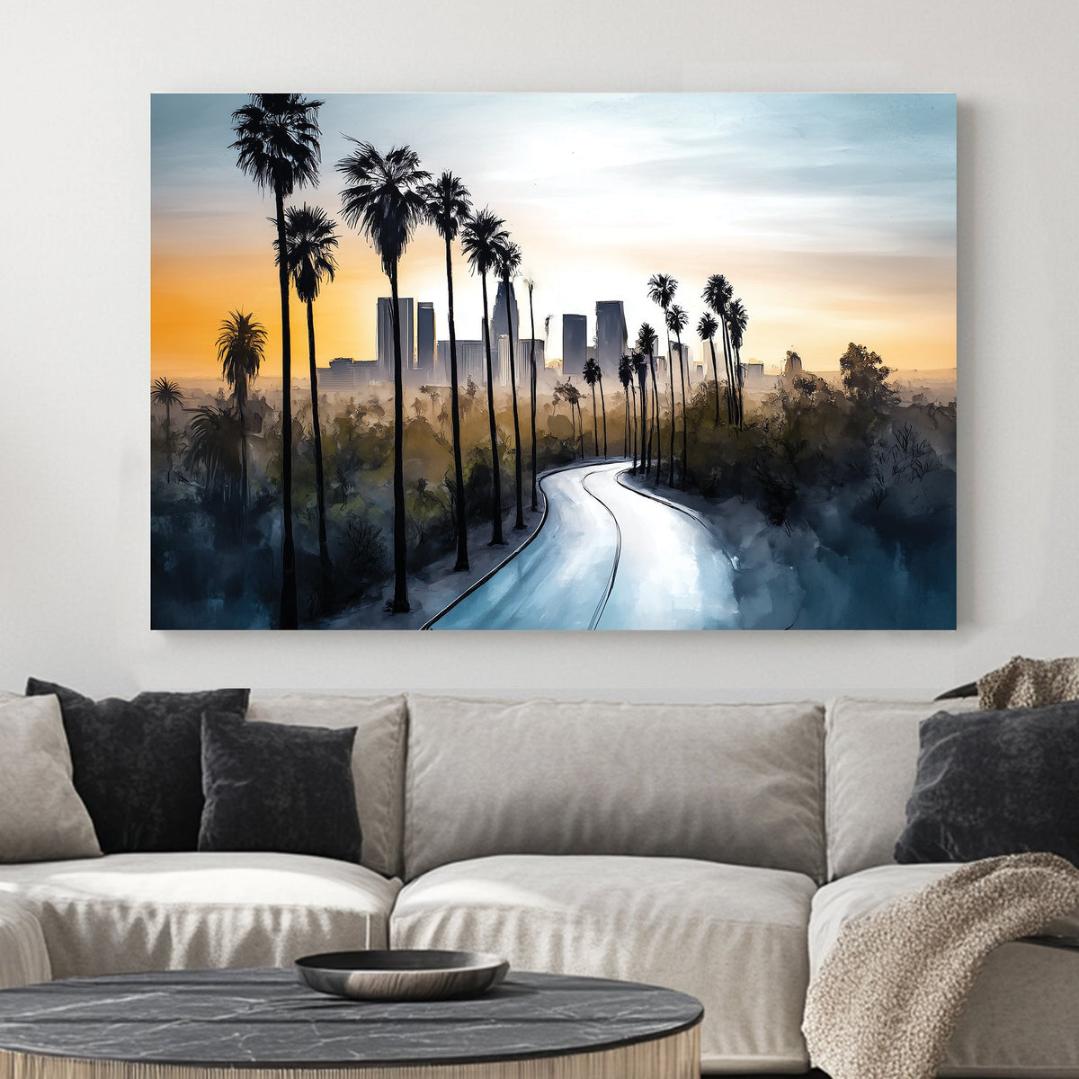 artistic wall art of los angeles skyline with palm trees and winding road at sunrise