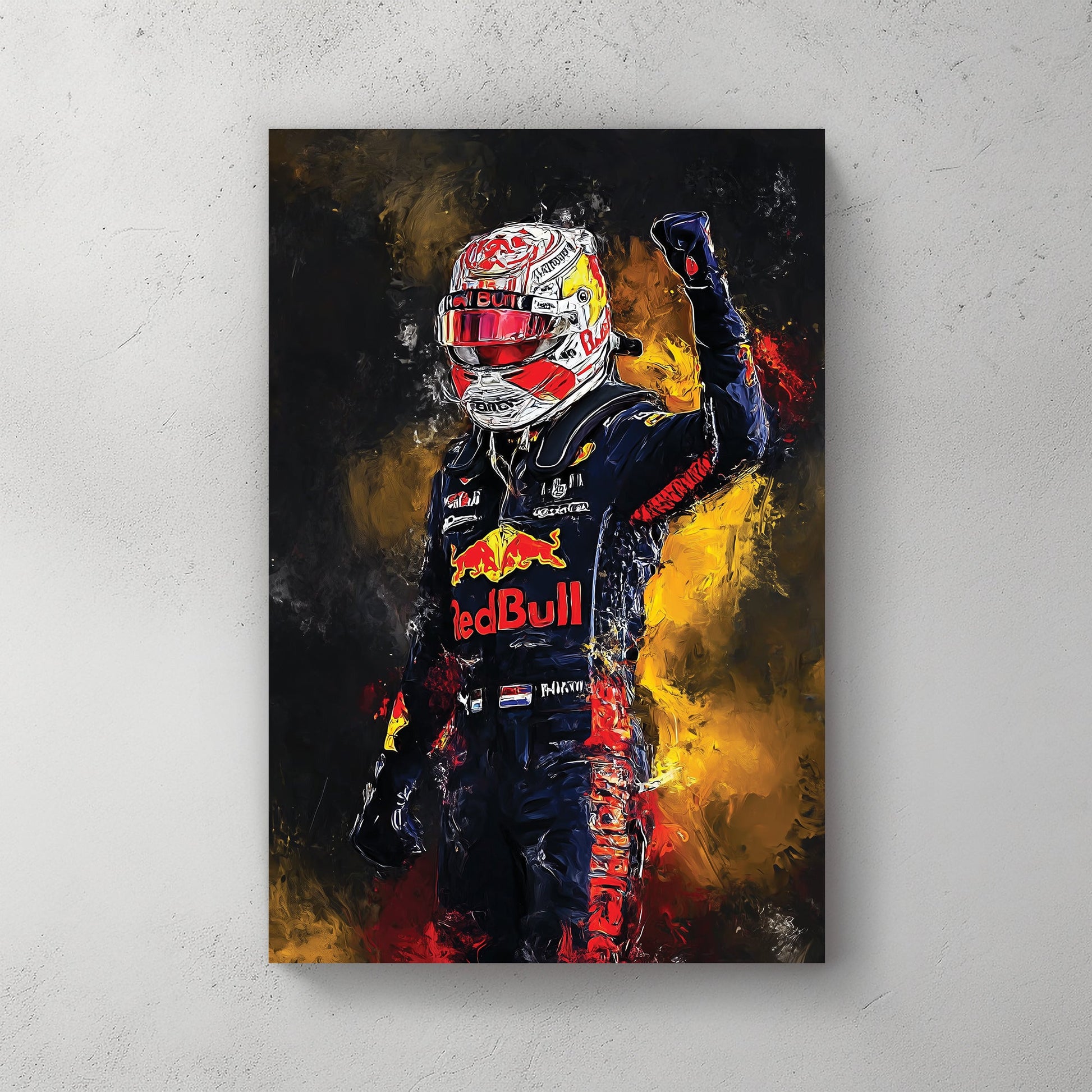 abstract painting of max verstappen in red bull racing suit celebrating victory wall art