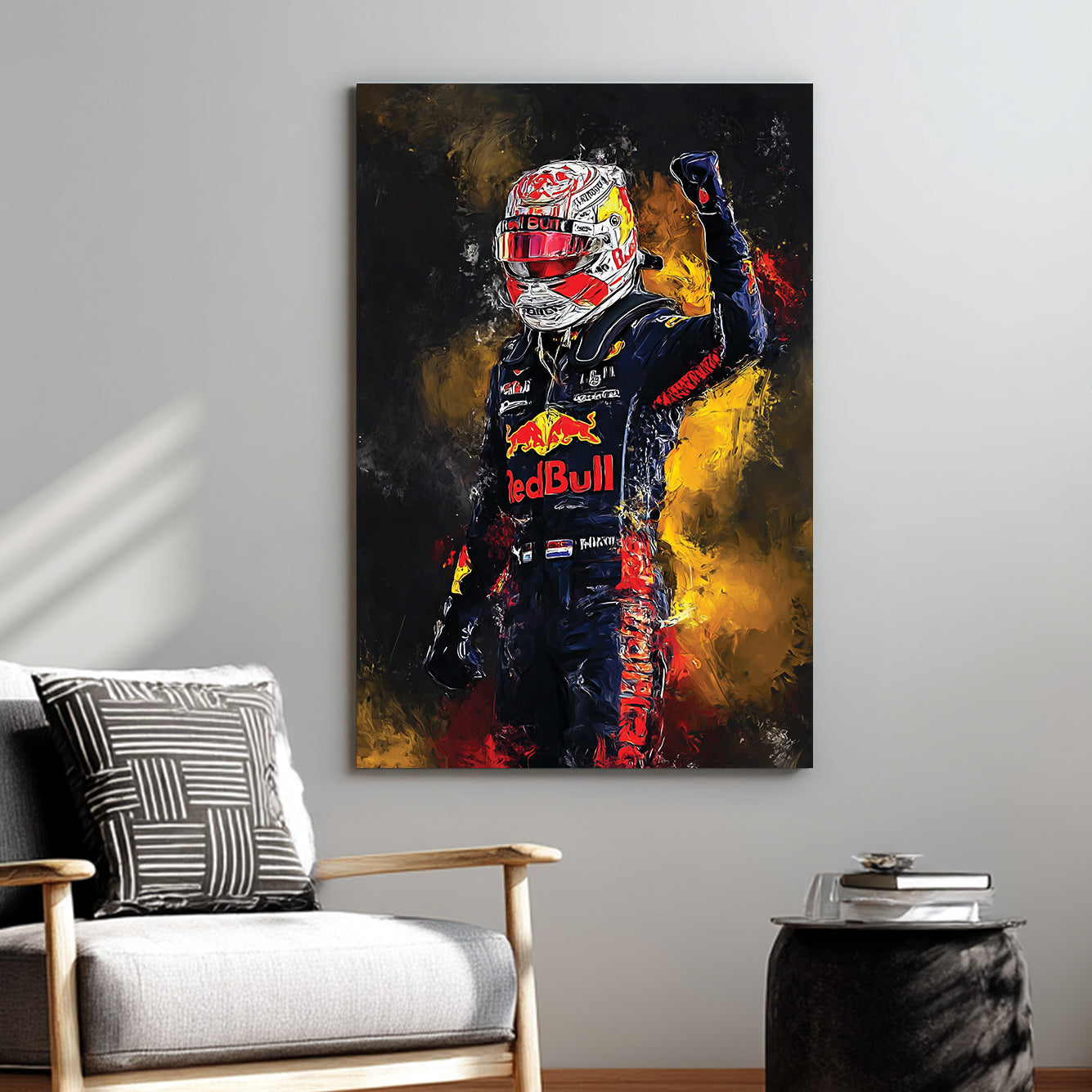 abstract painting of max verstappen in red bull racing suit celebrating victory wall art