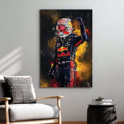 abstract painting of max verstappen in red bull racing suit celebrating victory wall art