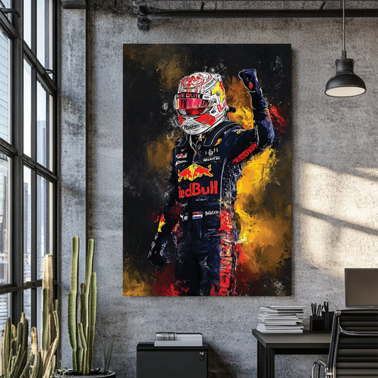 abstract painting of max verstappen in red bull racing suit celebrating victory wall art