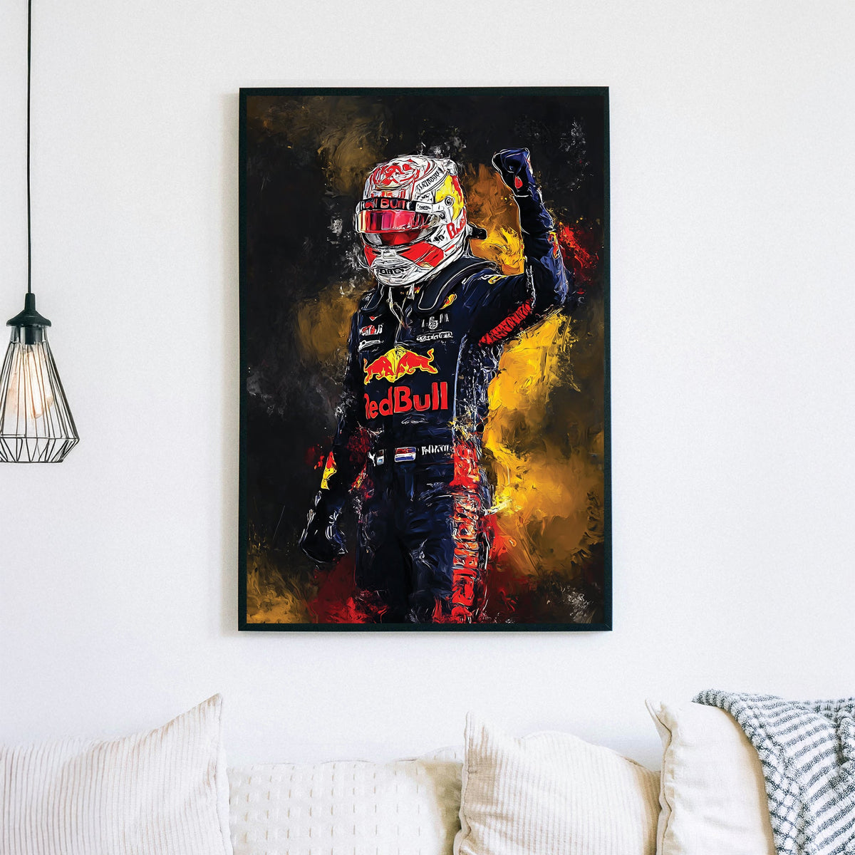 abstract painting of max verstappen in red bull racing suit celebrating victory wall art