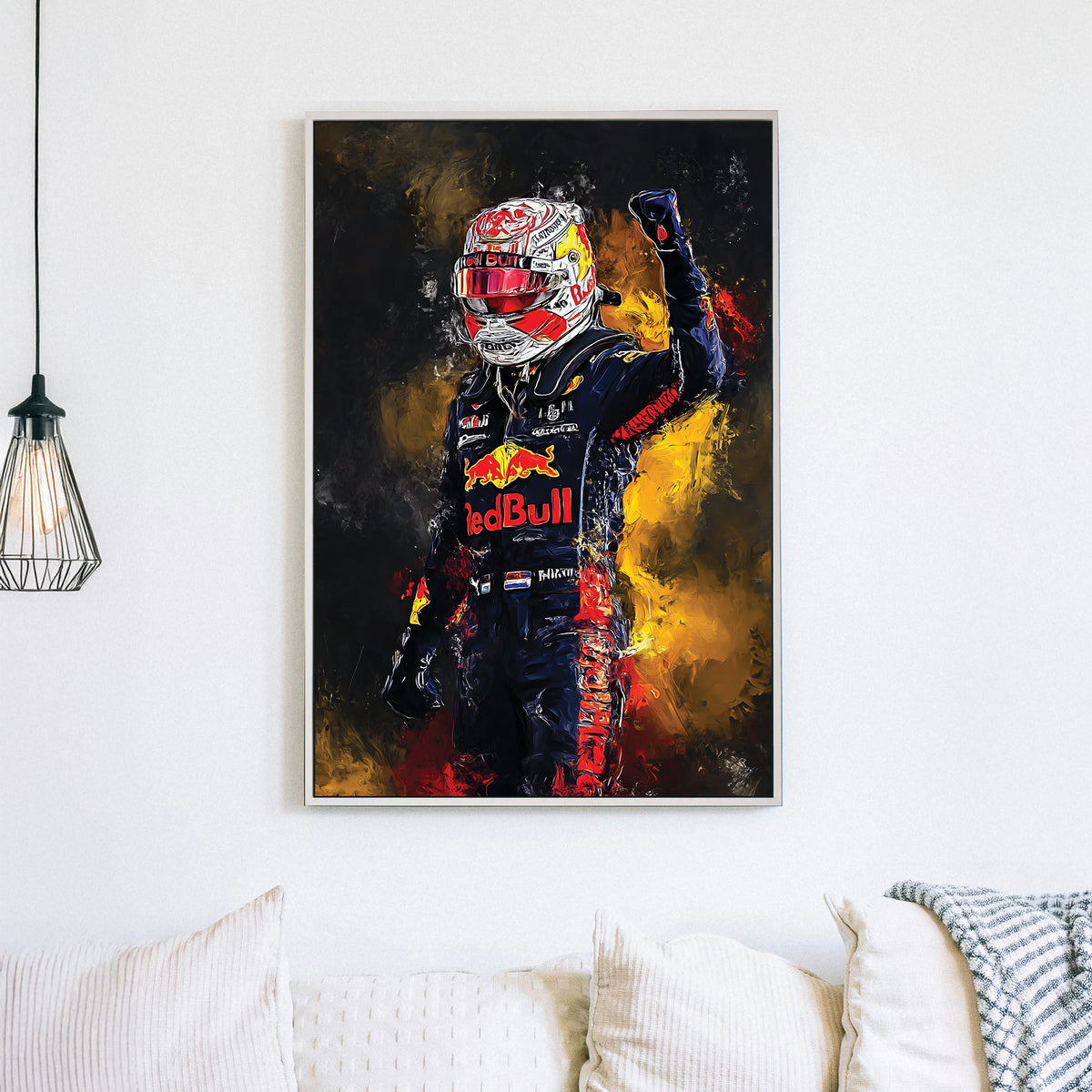 abstract painting of max verstappen in red bull racing suit celebrating victory wall art