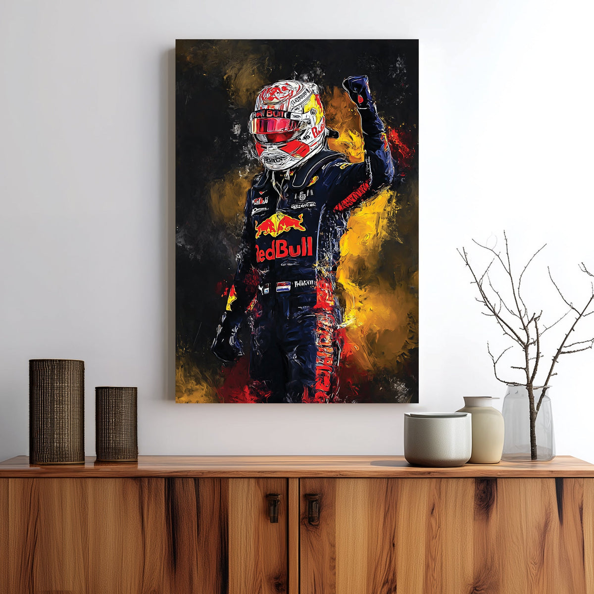 abstract painting of max verstappen in red bull racing suit celebrating victory wall art