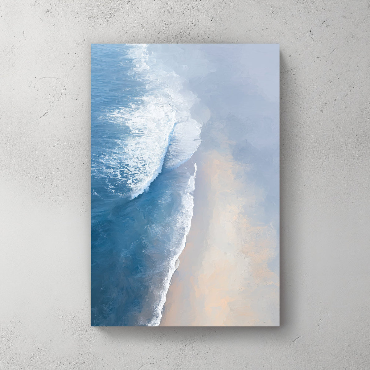 aerial painting of soft ocean waves meeting a sandy beach