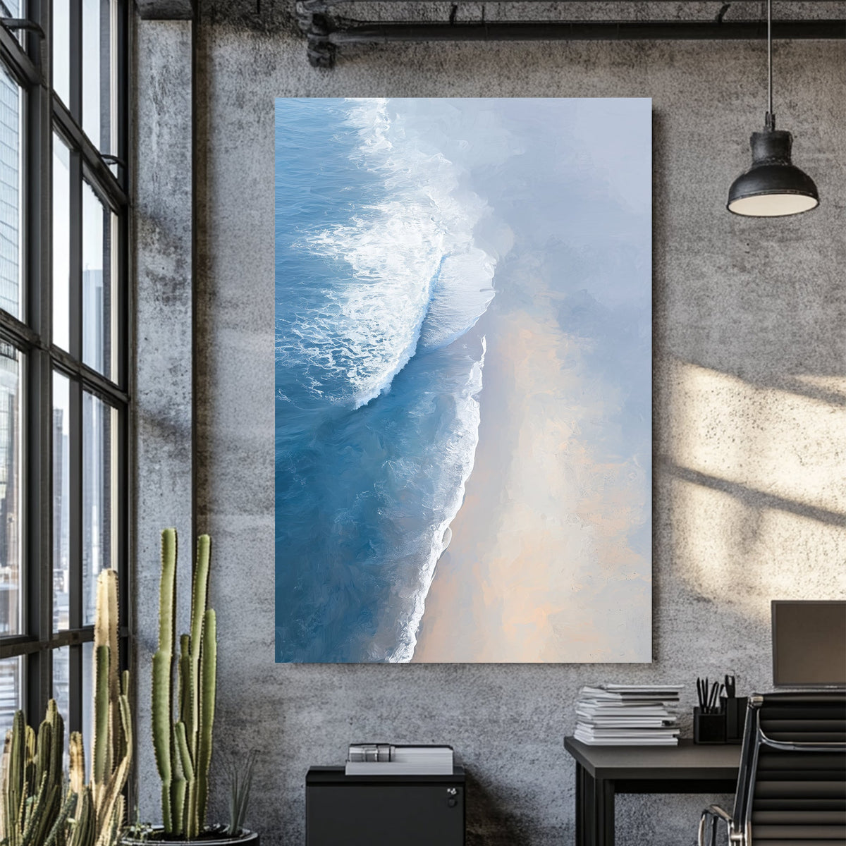 aerial painting of soft ocean waves meeting a sandy beach