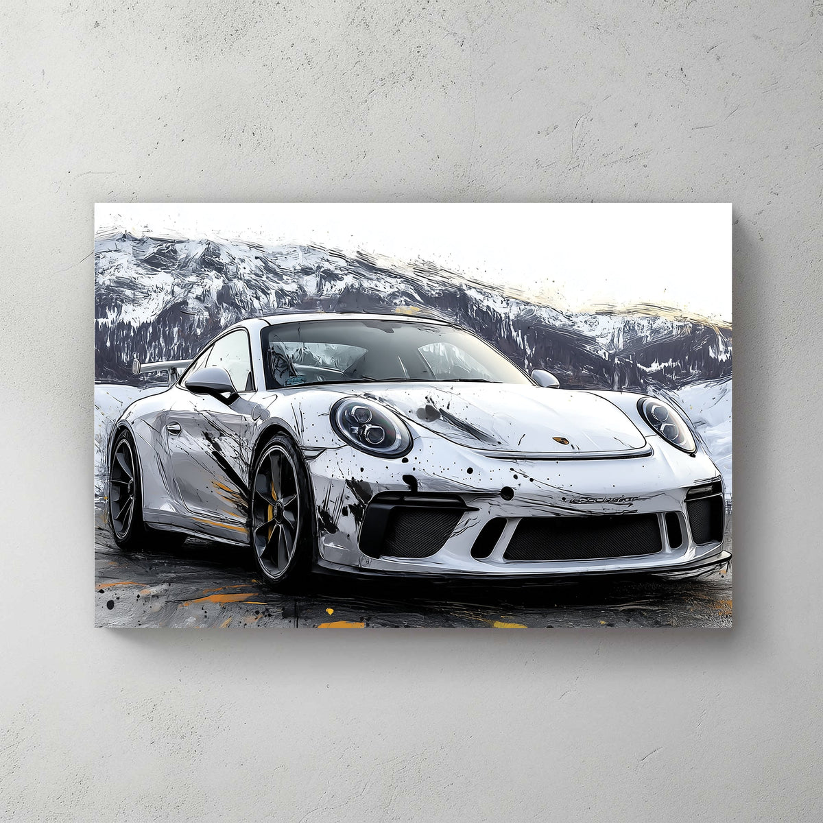 porsche gt3 sports car wall art with splatter paint effects in a snowy mountain landscape