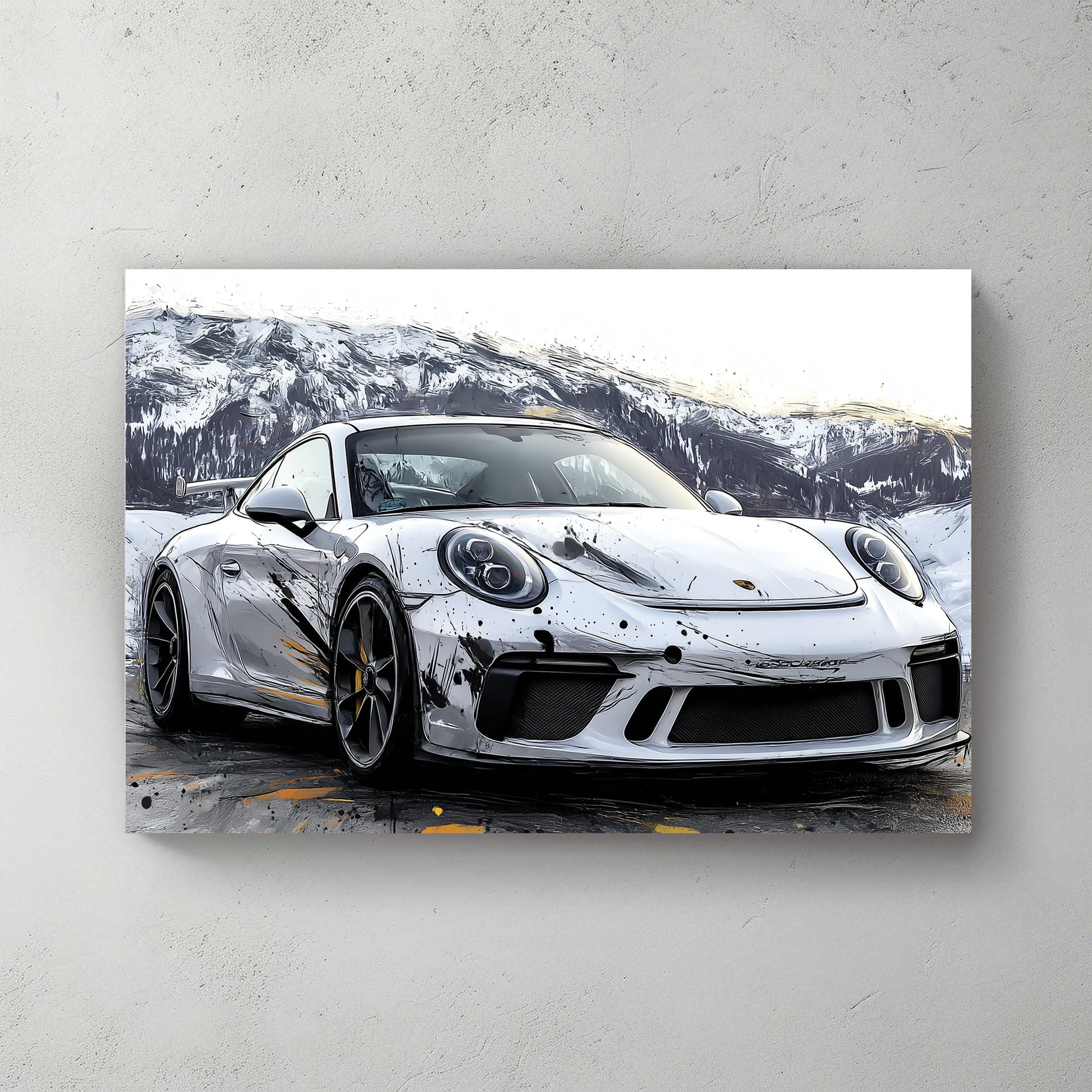 porsche gt3 sports car wall art with splatter paint effects in a snowy mountain landscape