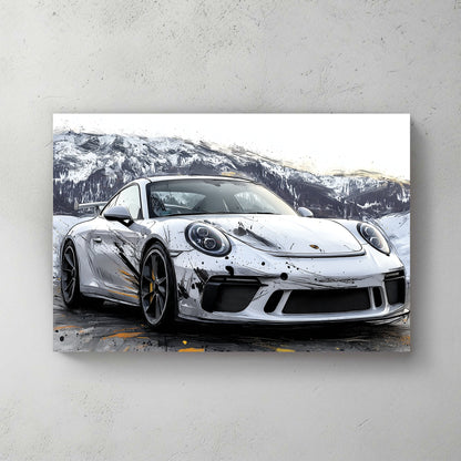 porsche gt3 sports car wall art with splatter paint effects in a snowy mountain landscape
