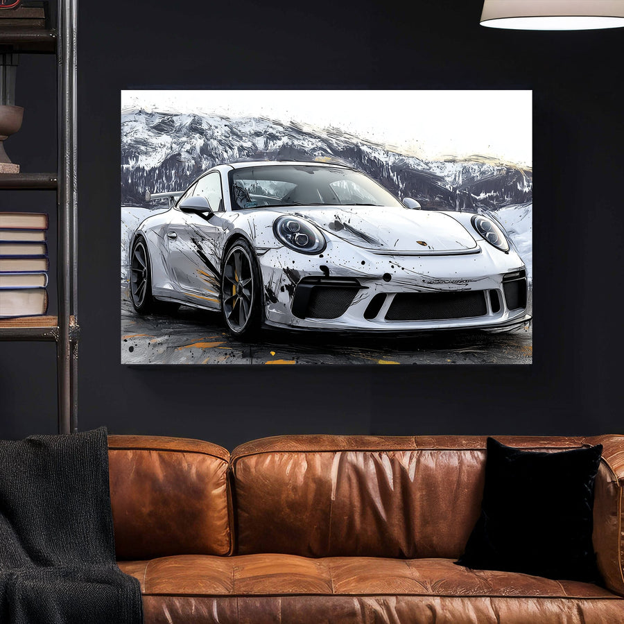 porsche gt3 sports car wall art with splatter paint effects in a snowy mountain landscape