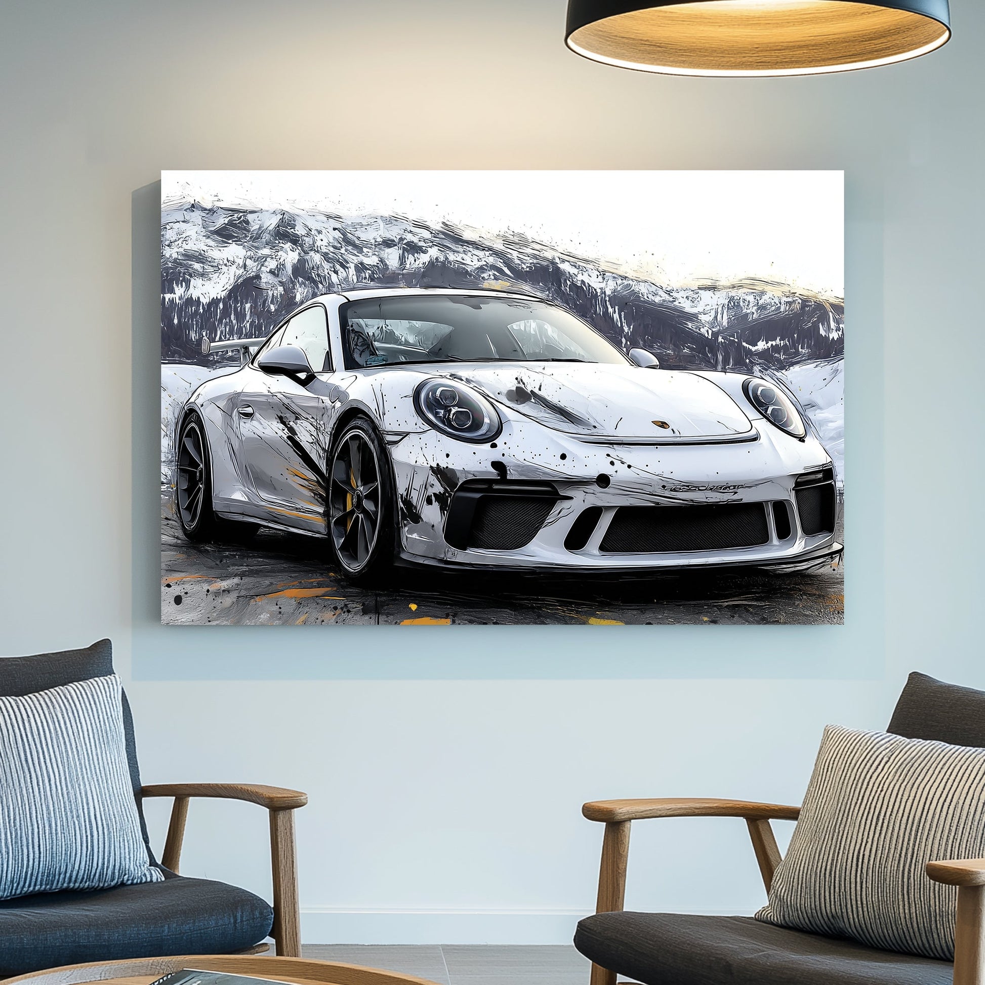 porsche gt3 sports car wall art with splatter paint effects in a snowy mountain landscape