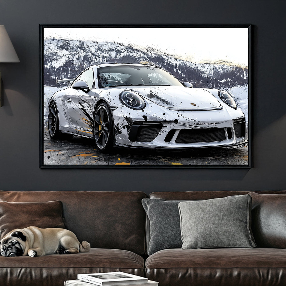 porsche gt3 sports car wall art with splatter paint effects in a snowy mountain landscape