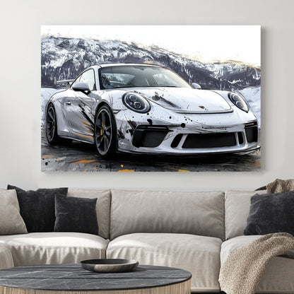 porsche gt3 sports car wall art with splatter paint effects in a snowy mountain landscape