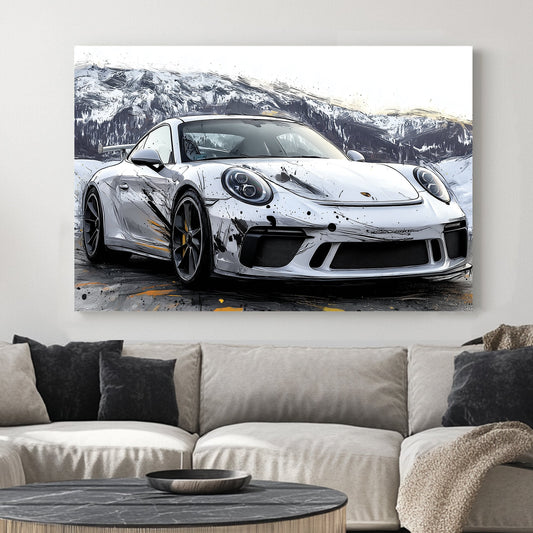 porsche gt3 sports car wall art with splatter paint effects in a snowy mountain landscape