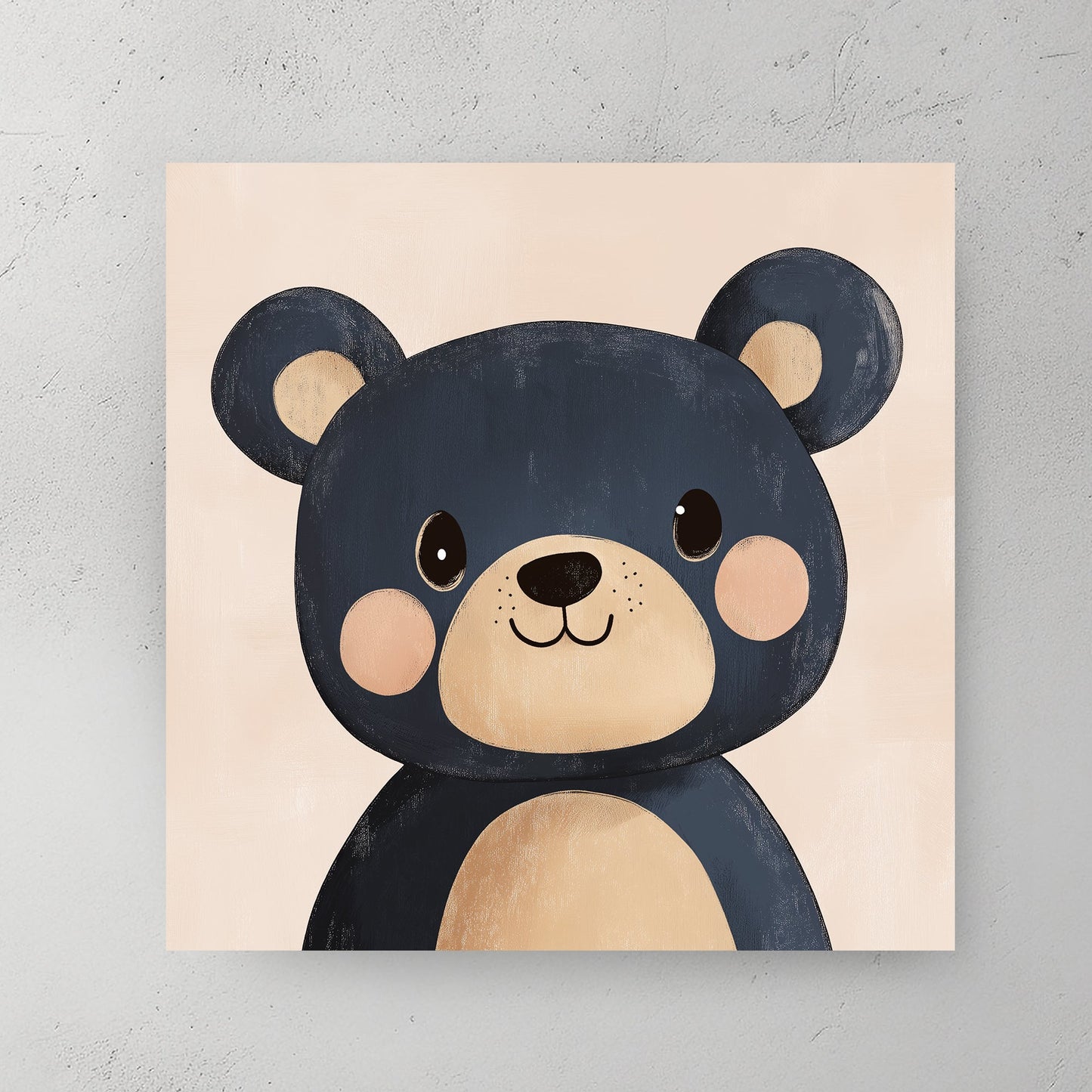 cute navy blue cartoon bear wall art with blush cheeks on a soft peach background