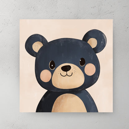 cute navy blue cartoon bear wall art with blush cheeks on a soft peach background