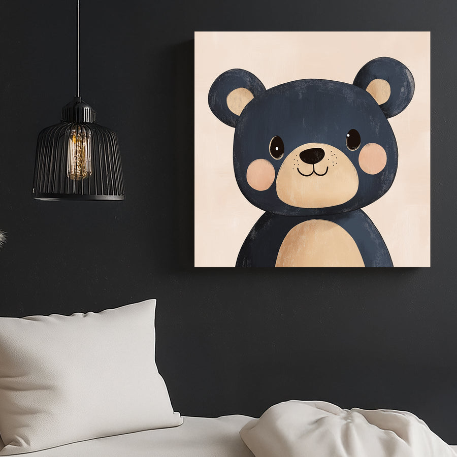 cute navy blue cartoon bear wall art with blush cheeks on a soft peach background
