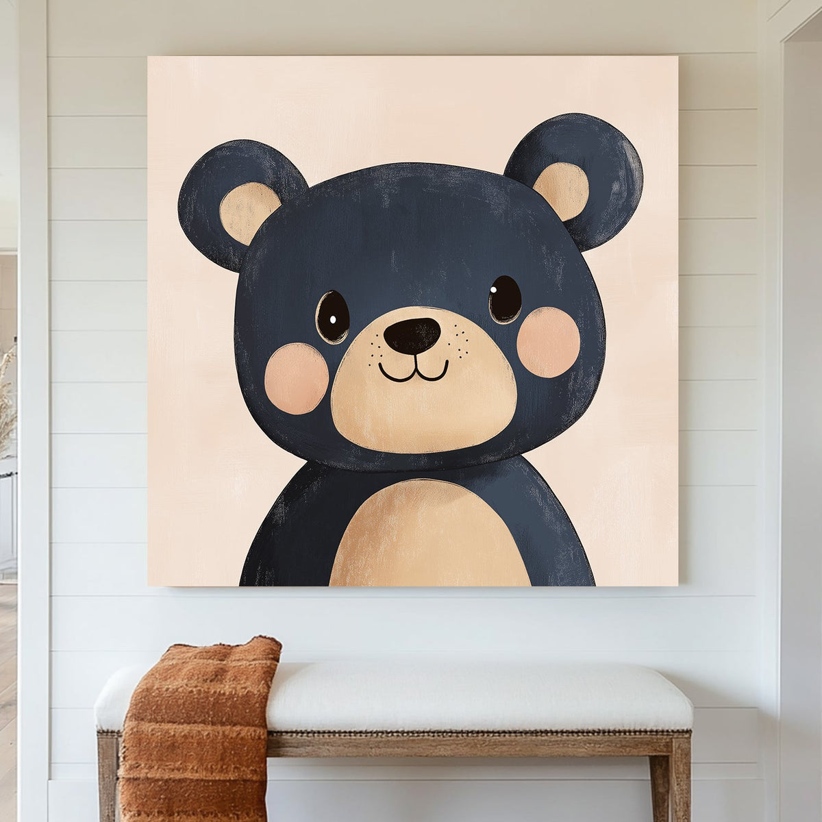 cute navy blue cartoon bear wall art with blush cheeks on a soft peach background