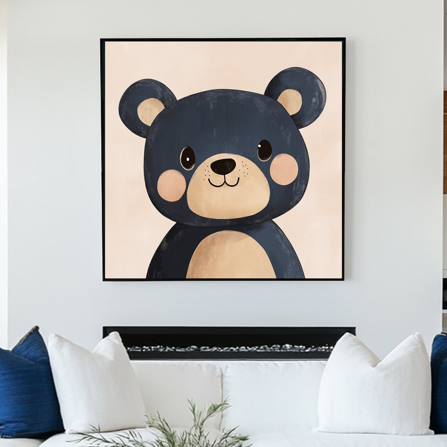 cute navy blue cartoon bear wall art with blush cheeks on a soft peach background
