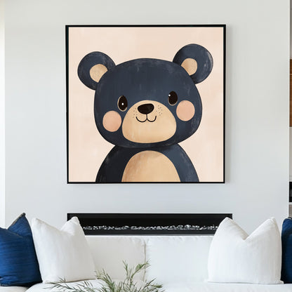 cute navy blue cartoon bear wall art with blush cheeks on a soft peach background