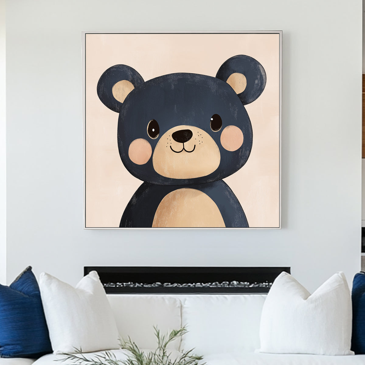 cute navy blue cartoon bear wall art with blush cheeks on a soft peach background