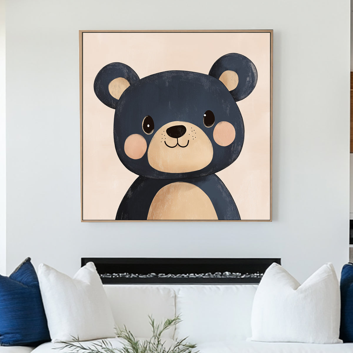 cute navy blue cartoon bear wall art with blush cheeks on a soft peach background